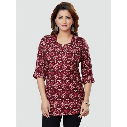 Women's Casual 3/4 Sleeves Printed Rayon Short Top (Wine)