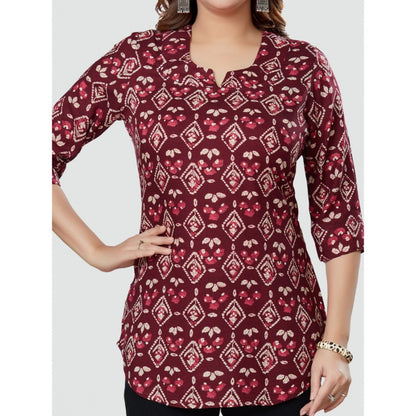 Women's Casual 3/4 Sleeves Printed Rayon Short Top (Wine)