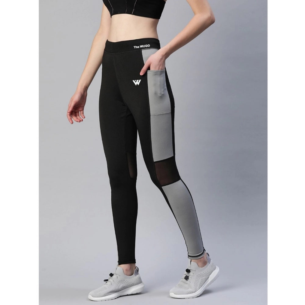 Generic Women's Polyster Solid Sport Leggings (Black &amp; Grey)