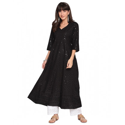 Generic Women's Casual 3/4th Sleeve Chikan Embroidery Cotton Kurti (Black)