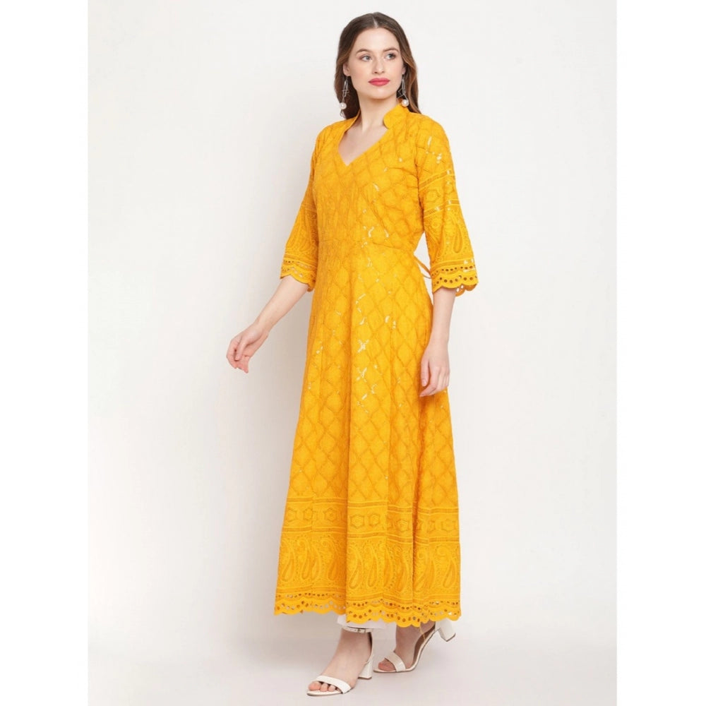 Generic Women's Casual 3/4th Sleeve Embroidered Cotton Kurti (Mustard)