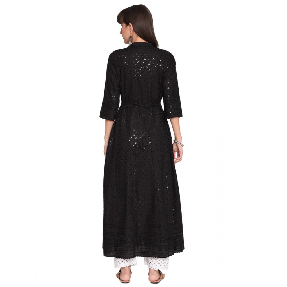 Generic Women's Casual 3/4th Sleeve Chikan Embroidery Cotton Kurti (Black)