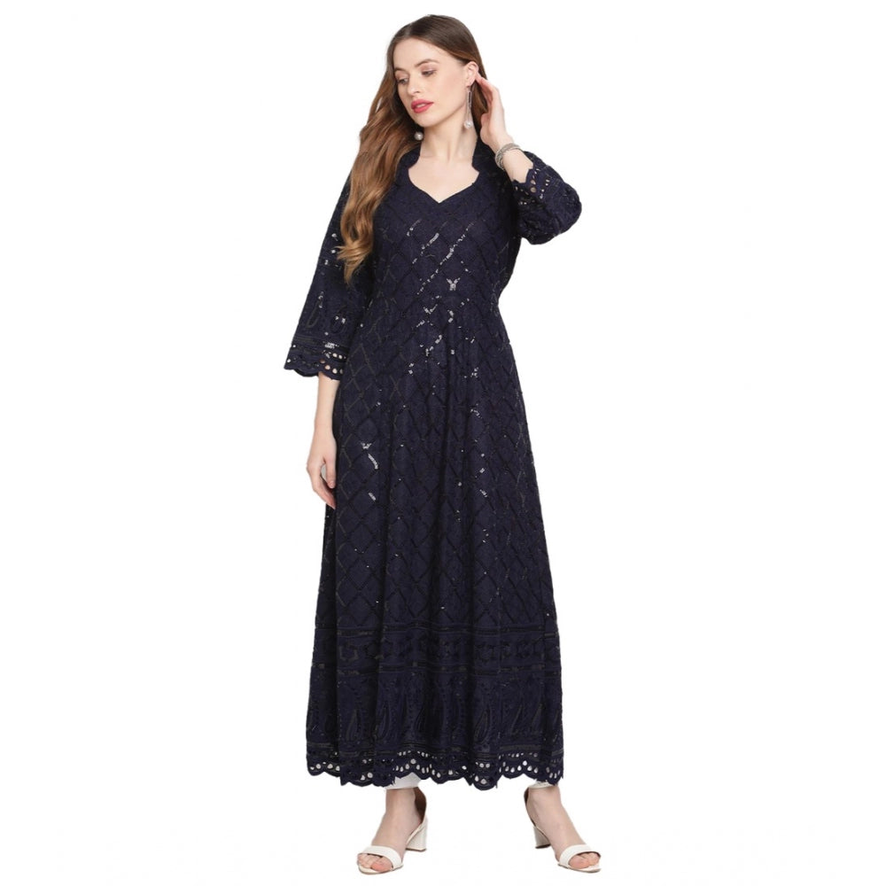 Generic Women's Casual 3/4th Sleeve Embroidered Cotton Kurti (Navy Blue)