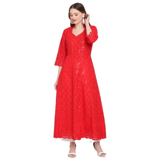 Generic Women's Casual 3/4th Sleeve Embroidered Cotton Kurti (Red)