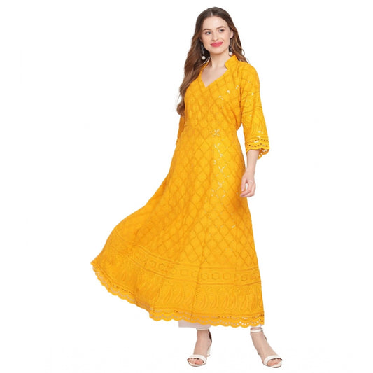 Generic Women's Casual 3/4th Sleeve Embroidered Cotton Kurti (Mustard)