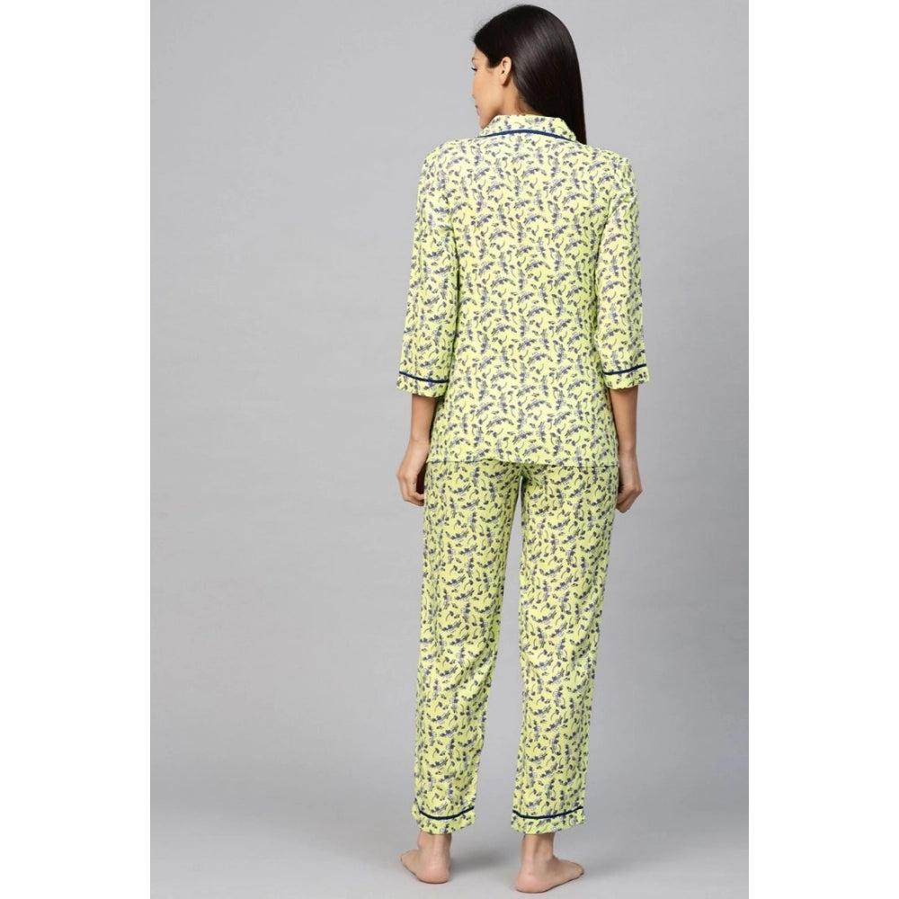 Women's Casual 3/4 Sleeve Floral Printed Rayon Shirt With Pyjama Pant Night Suit Set (Green)