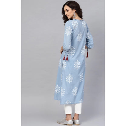 Generic Women's Casual 3/4 th Sleeve Embroidery Cambric Cotton Kurti (Blue)