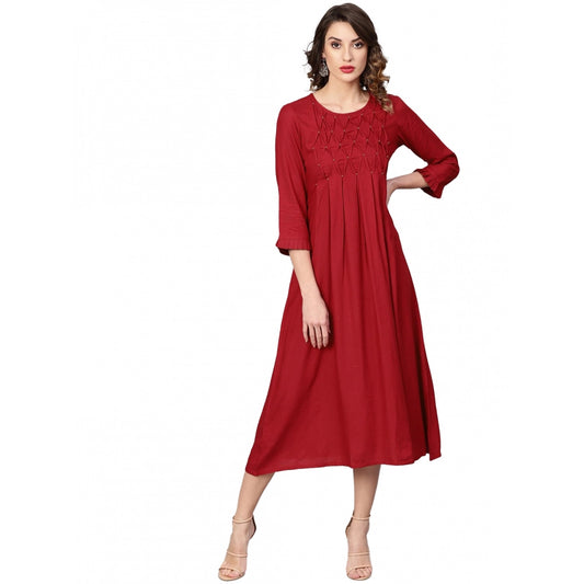 Women's Casual 3/4 th Sleeve Solid Rayon Dobby Dress (Maroon)