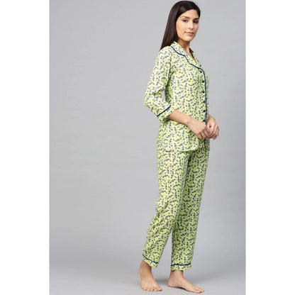 Women's Casual 3/4 Sleeve Floral Printed Rayon Shirt With Pyjama Pant Night Suit Set (Green)