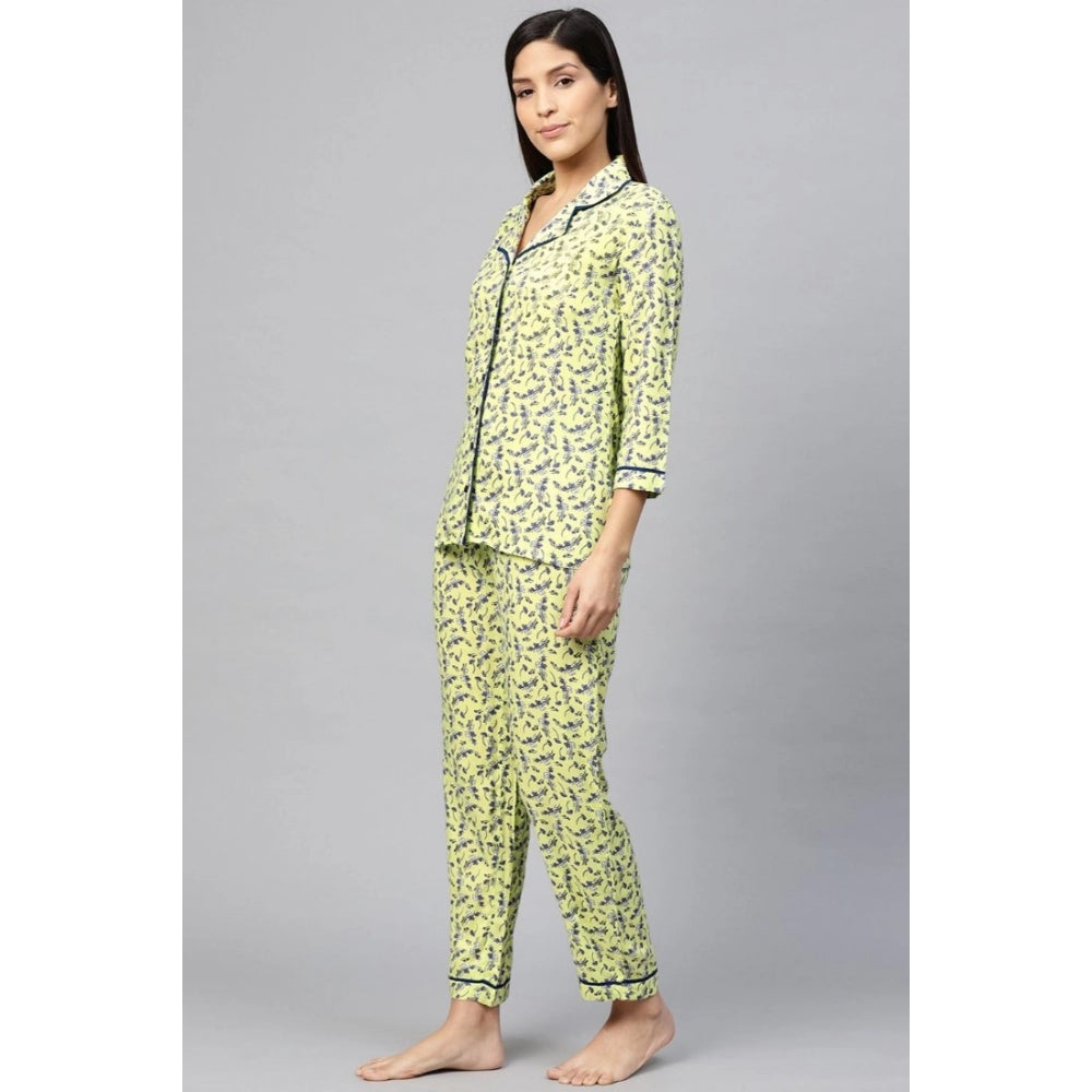 Women's Casual 3/4 Sleeve Floral Printed Rayon Shirt With Pyjama Pant Night Suit Set (Green)