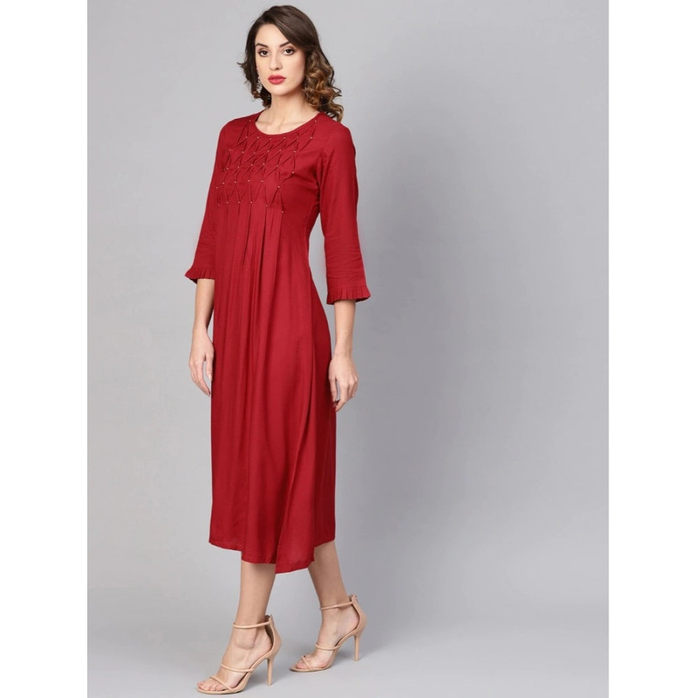 Women's Casual 3/4 th Sleeve Solid Rayon Dobby Dress (Maroon)