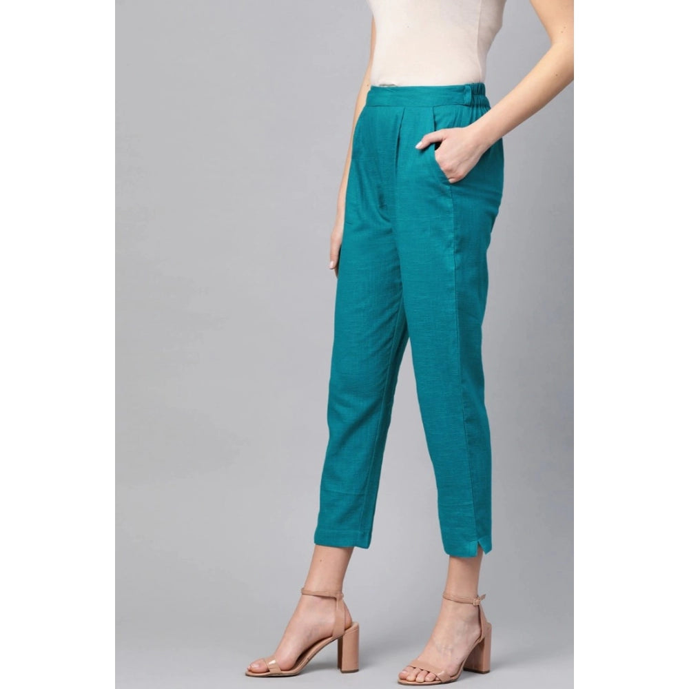 Women's Casual Solid Cotton Slub Trouser Pant (Rama Blue)