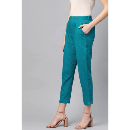 Women's Casual Solid Cotton Slub Trouser Pant (Rama Blue)