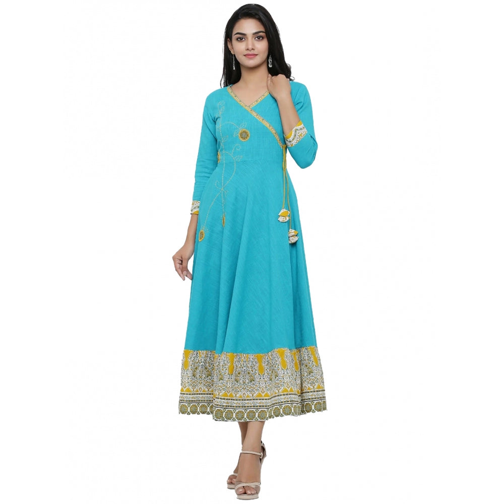 Generic Women's Casual 3/4 th Sleeve Embroidery Cotton Blend Kurti (Torque Green)