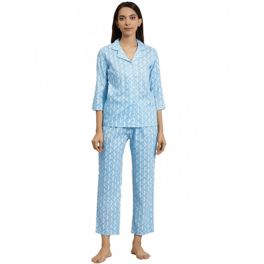 Women's Casual 3/4 th Sleeve Floral Printed Rayon Shirt With Pyjama Pant Night Suit Set (Blue)