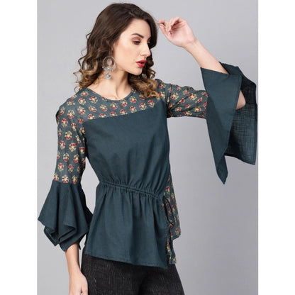 Women's Casual Bell Sleeves Floral Printed Cotton Slub Top (Grey)