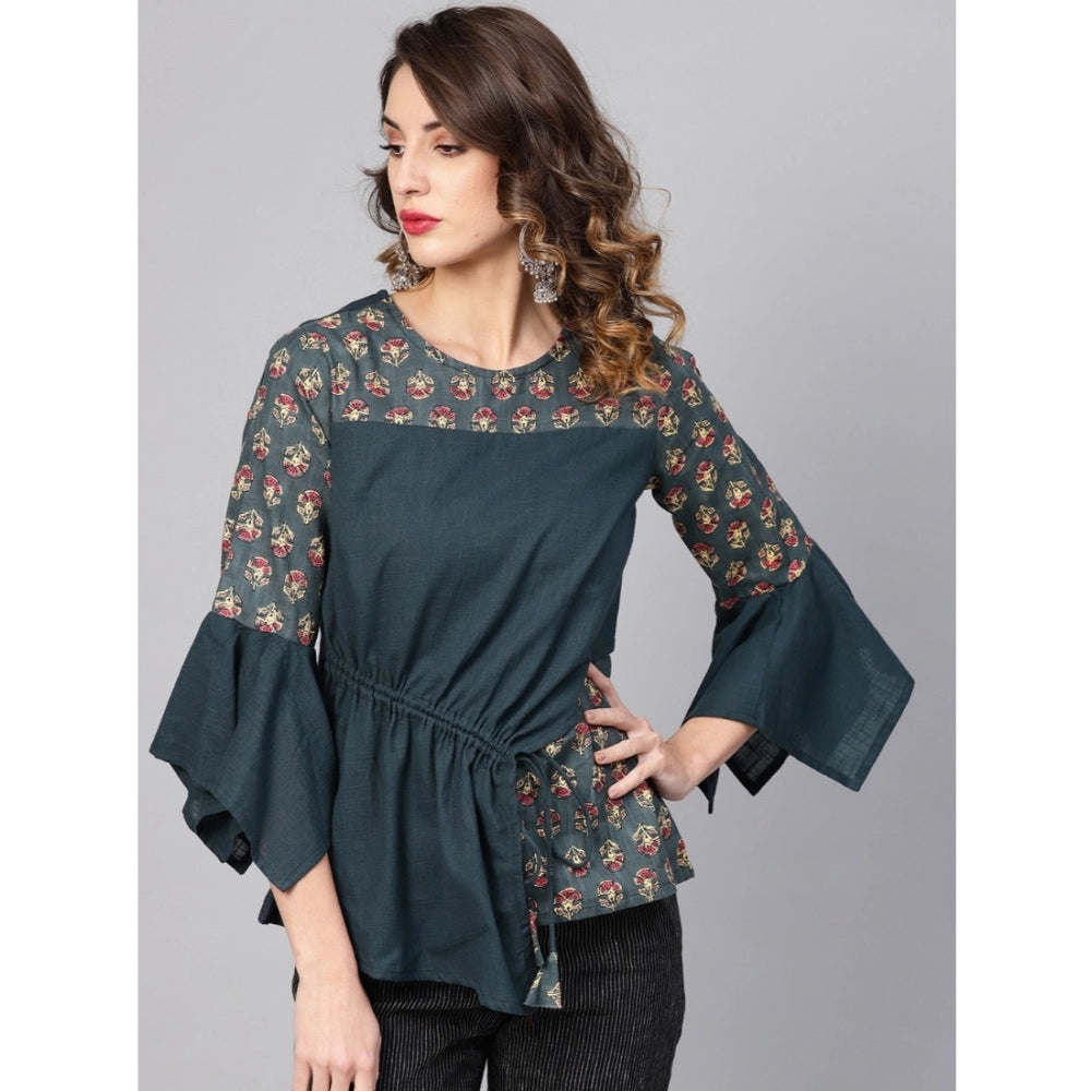 Women's Casual Bell Sleeves Floral Printed Cotton Slub Top (Grey)