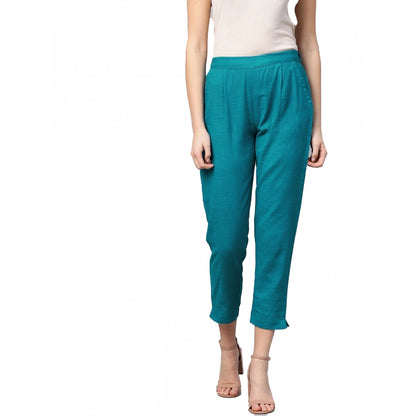 Women's Casual Solid Cotton Slub Trouser Pant (Rama Blue)