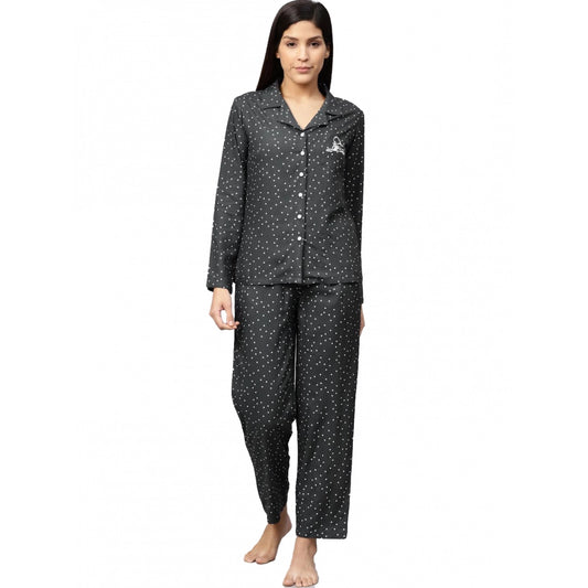 Women's Casual Full Sleeves Polka Dot Printed Rayon Shirt With Pyjama Pant Night Suit Set (Grey)