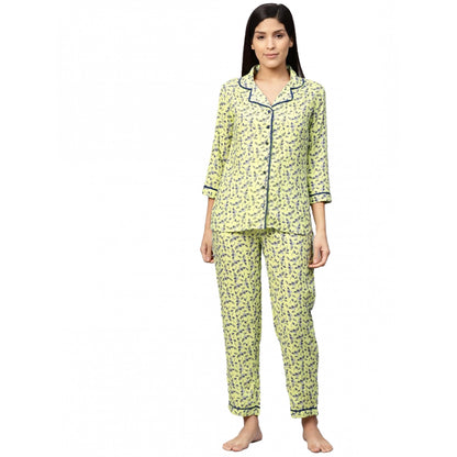 Women's Casual 3/4 Sleeve Floral Printed Rayon Shirt With Pyjama Pant Night Suit Set (Green)