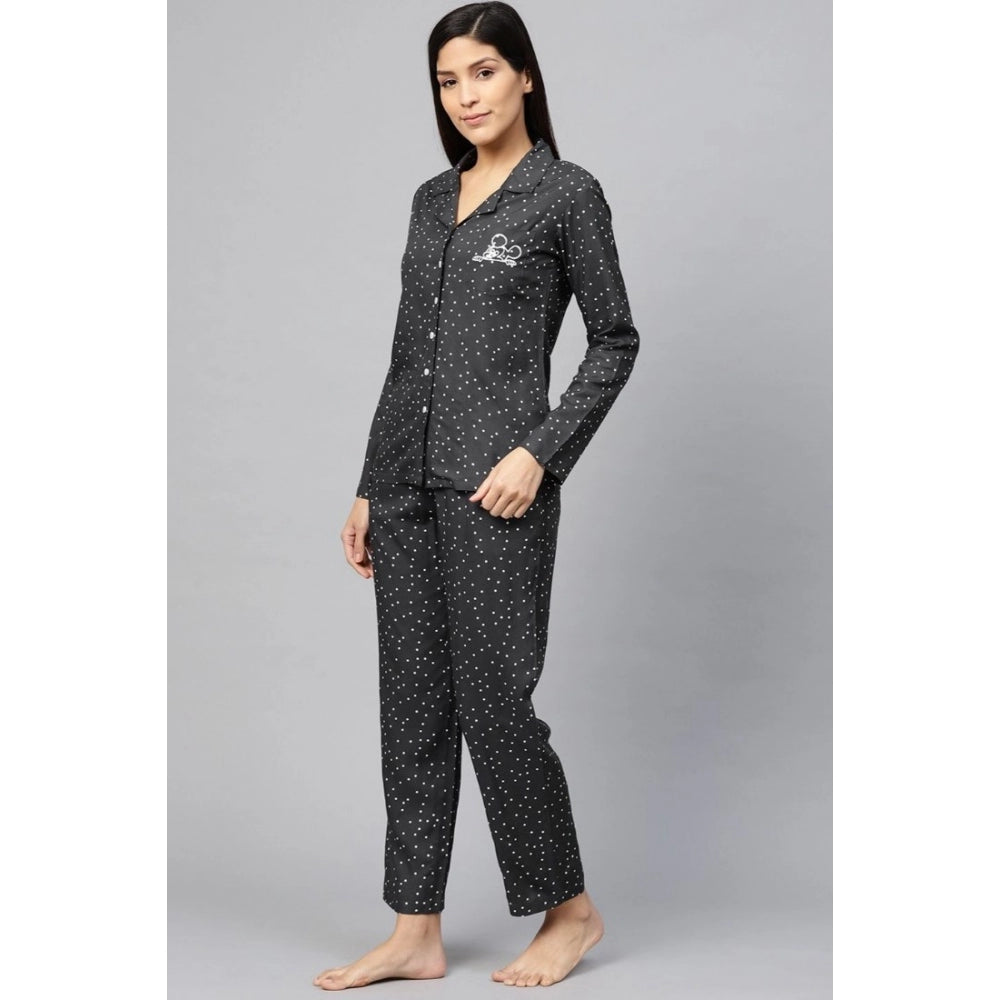 Women's Casual Full Sleeves Polka Dot Printed Rayon Shirt With Pyjama Pant Night Suit Set (Grey)