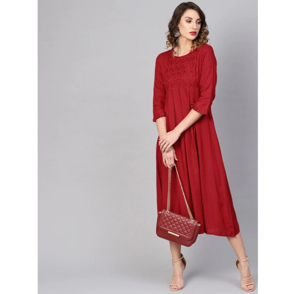 Women's Casual 3/4 th Sleeve Solid Rayon Dobby Dress (Maroon)