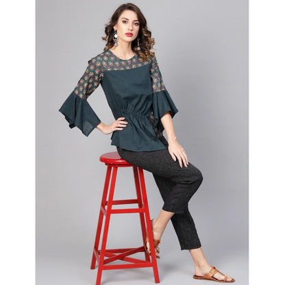 Women's Casual Bell Sleeves Floral Printed Cotton Slub Top (Grey)