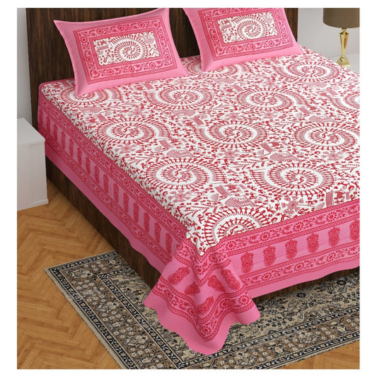 Cotton Printed Queen Size Bedsheet With 2 Pillow Covers (Pink, 90x100 Inch)