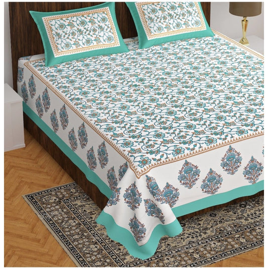 Cotton Printed Queen Size Bedsheet With 2 Pillow Covers (Sea Green, 90x100 Inch)