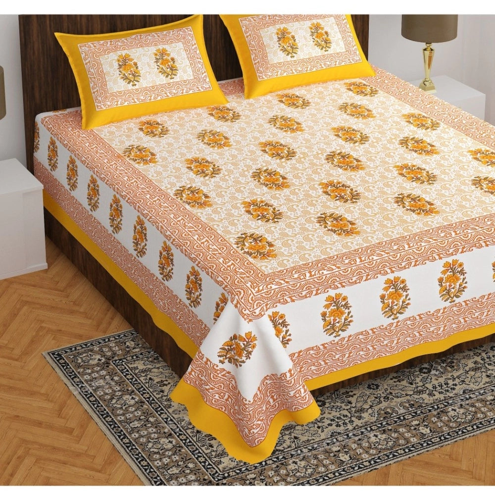 Cotton Printed Queen Size Bedsheet With 2 Pillow Covers (Mustard, 90x100 Inch)