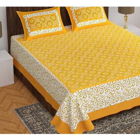 Cotton Printed Queen Size Bedsheet With 2 Pillow Covers (Mustard, 90x100 Inch)