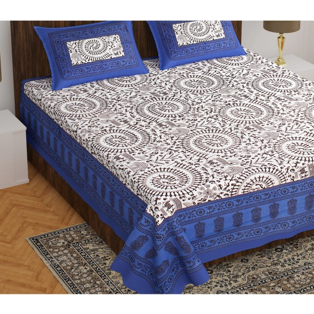 Cotton Printed Queen Size Bedsheet With 2 Pillow Covers (Blue, 90x100 Inch)