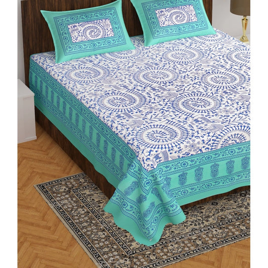 Cotton Printed Queen Size Bedsheet With 2 Pillow Covers (Sea Green, 90x100 Inch)