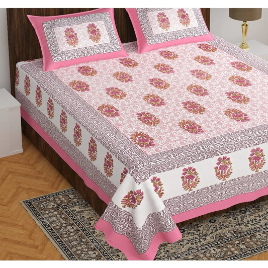 Cotton Printed Queen Size Bedsheet With 2 Pillow Covers (Pink, 90x100 Inch)