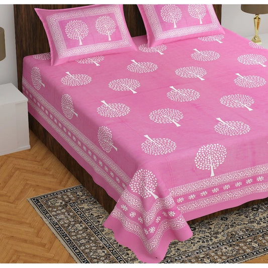 Cotton Printed Queen Size Bedsheet With 2 Pillow Covers (Pink, 90x100 Inch)