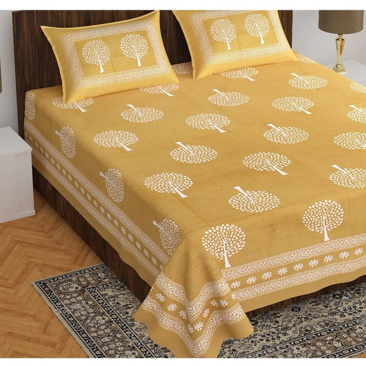 Cotton Printed Queen Size Bedsheet With 2 Pillow Covers (Mustard, 90x100 Inch)