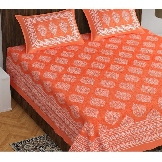 Cotton Printed Queen Size Bedsheet With 2 Pillow Covers (Orange, 90x100 Inch)