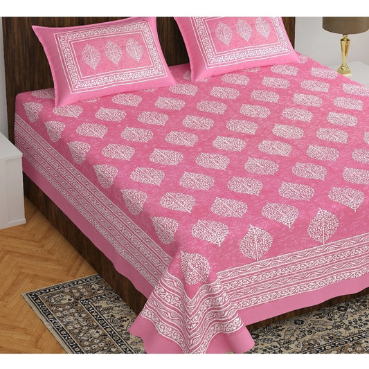 Cotton Printed Queen Size Bedsheet With 2 Pillow Covers (Pink, 90x100 Inch)