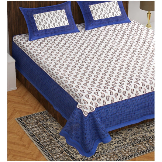 Cotton Printed Queen Size Bedsheet With 2 Pillow Covers (Blue, 90x100 Inch)