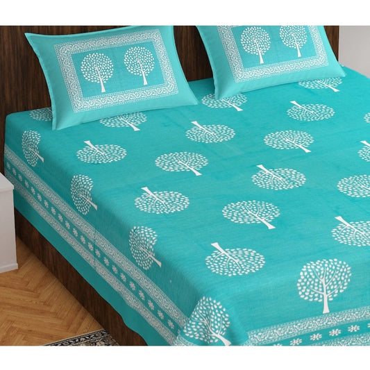 Cotton Printed Queen Size Bedsheet With 2 Pillow Covers (Sky Blue, 90x100 Inch)