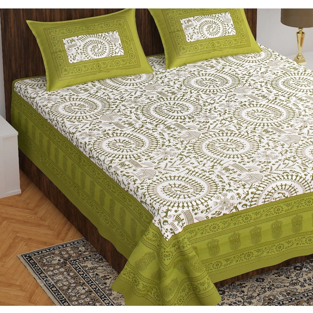 Cotton Printed Queen Size Bedsheet With 2 Pillow Covers (Green, 90x100 Inch)