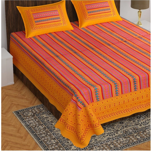 Cotton Printed Queen Size Bedsheet With 2 Pillow Covers (Mustard, 90x100 Inch)