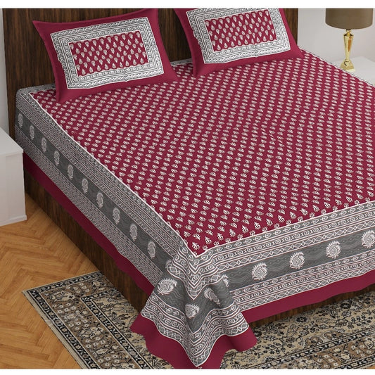 Cotton Printed Queen Size Bedsheet With 2 Pillow Covers (Maroon, 90x100 Inch)