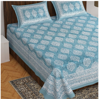 Cotton Printed Queen Size Bedsheet With 2 Pillow Covers (Light Blue, 90x100 Inch)