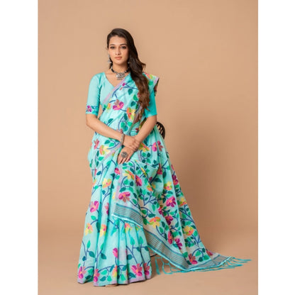 Generic Women's Cotton Printed Saree With Unstitched Blouse (Sky Blue, 5-6 Mtrs)