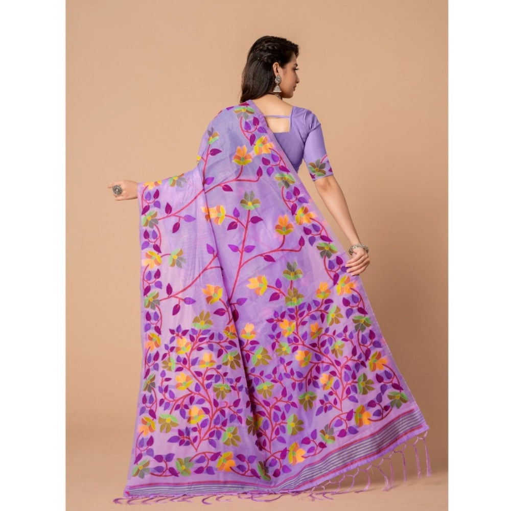 Generic Women's Cotton Printed Saree With Unstitched Blouse (Lavender, 5-6 Mtrs)