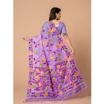 Generic Women's Cotton Printed Saree With Unstitched Blouse (Lavender, 5-6 Mtrs)