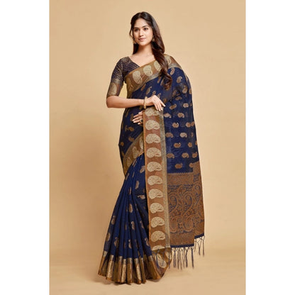 Generic Women's Chanderi Cotton Printed Saree With Unstitched Blouse (Navy Blue, 5-6 Mtrs)