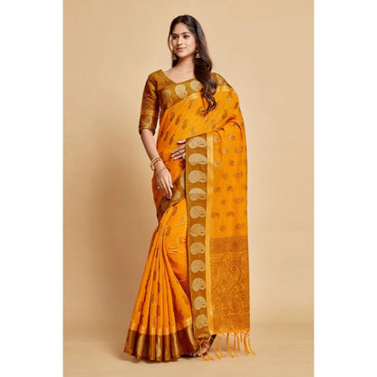 Generic Women's Chanderi Cotton Printed Saree With Unstitched Blouse (Mustard, 5-6 Mtrs)