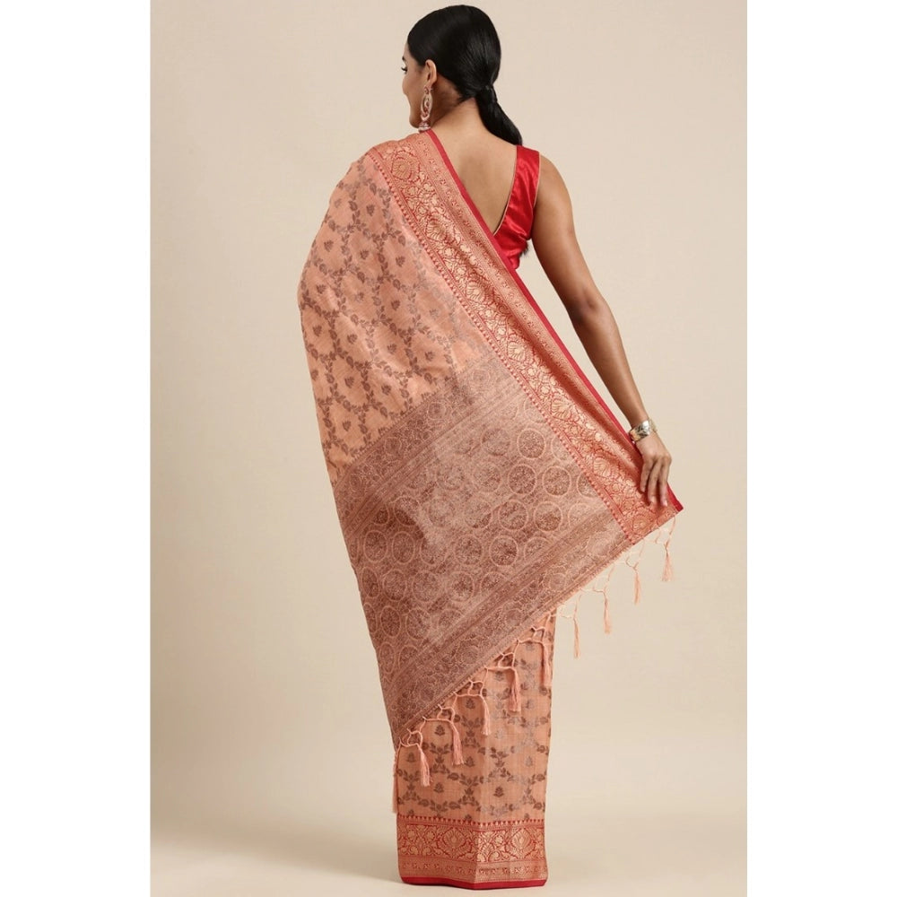 Generic Women's Chanderi Cotton Printed Saree With Unstitched Blouse (Peach, 5-6 Mtrs)